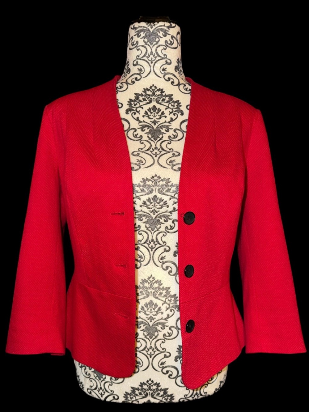 Vintage Le Chateau Red Honeycomb Collarless Peplum 3-Button 3/4 Sleeve Blazer